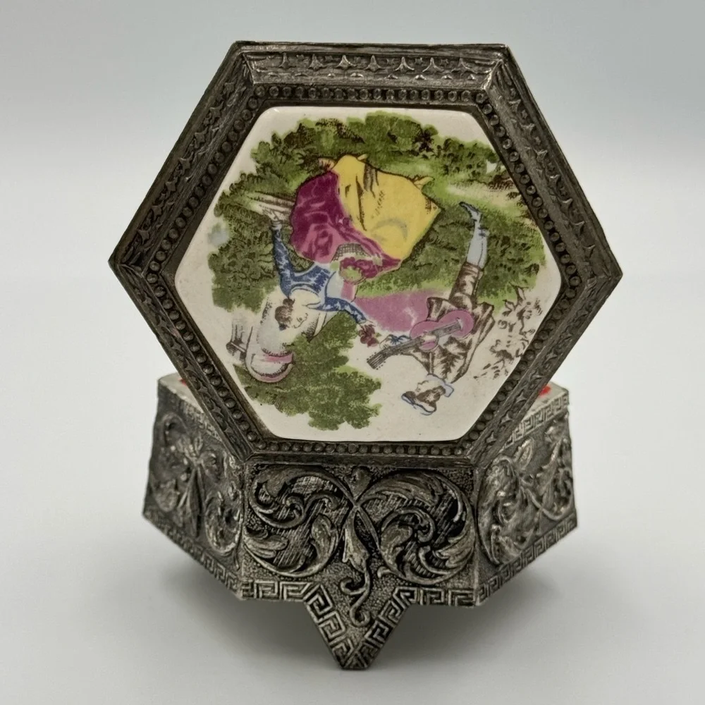 Vintage Farrington Footed Metal Hexagonal Shaped Trinket Box